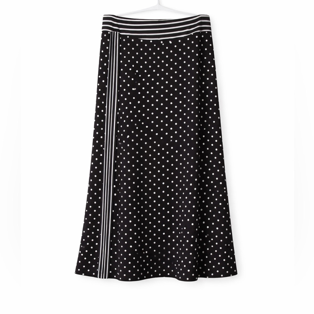 Robert Louis 2X Plus Size Black White Polka Dot A-Line Midi Skirt Elastic Waist